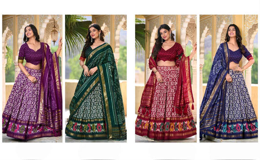 Ikkat Print Tussar Silk Lehangas