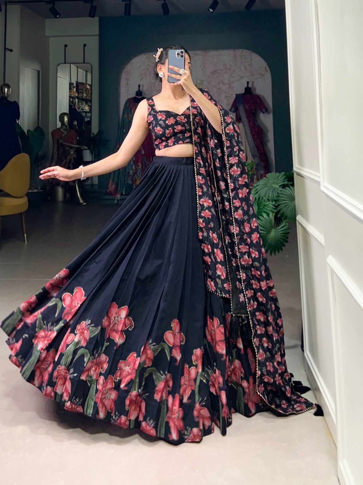 Floral Print Tussar Silk Lehangas