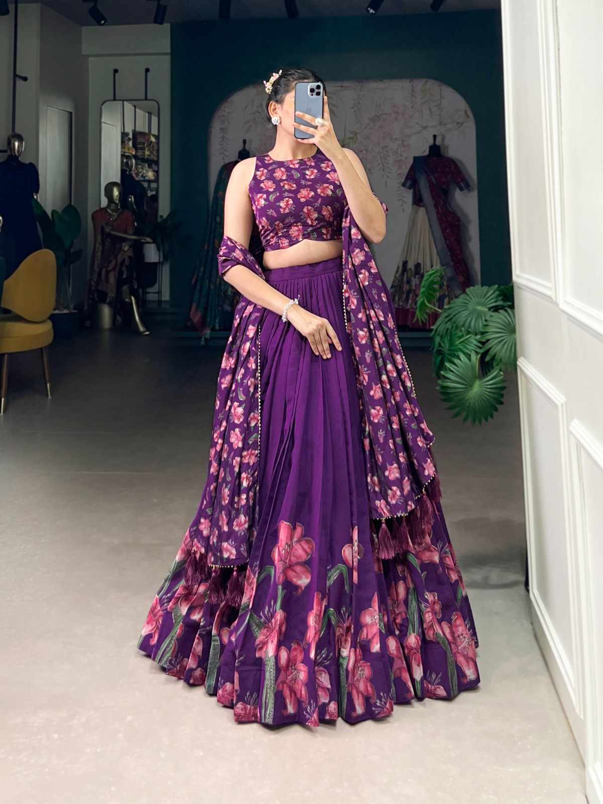 Floral Print Tussar Silk Lehangas