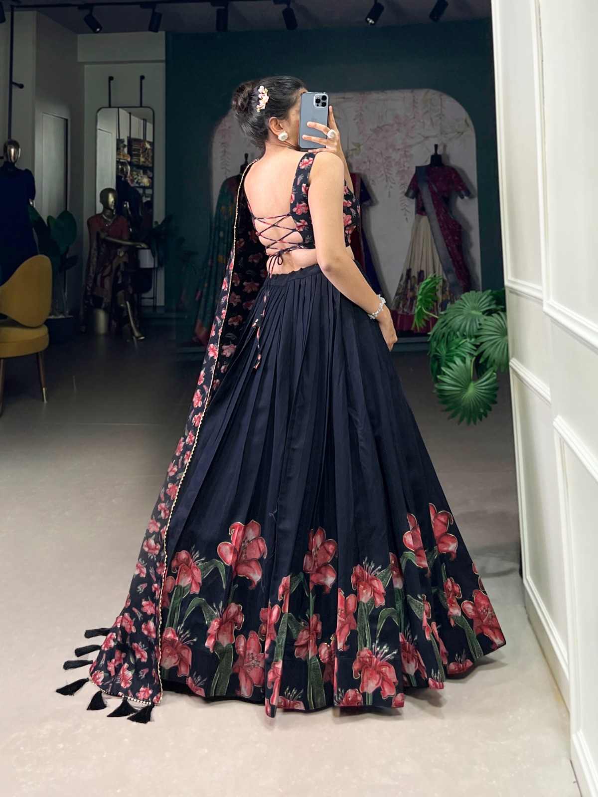 Floral Print Tussar Silk Lehangas
