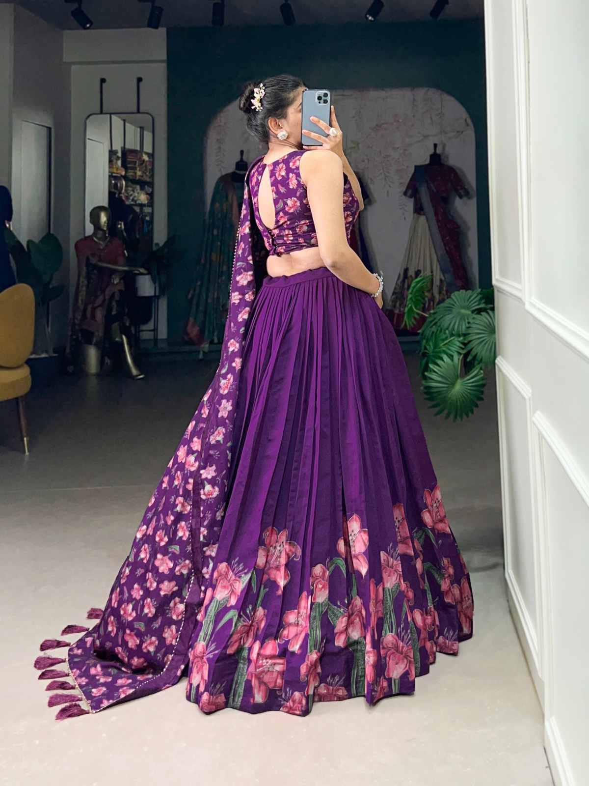 Floral Print Tussar Silk Lehangas