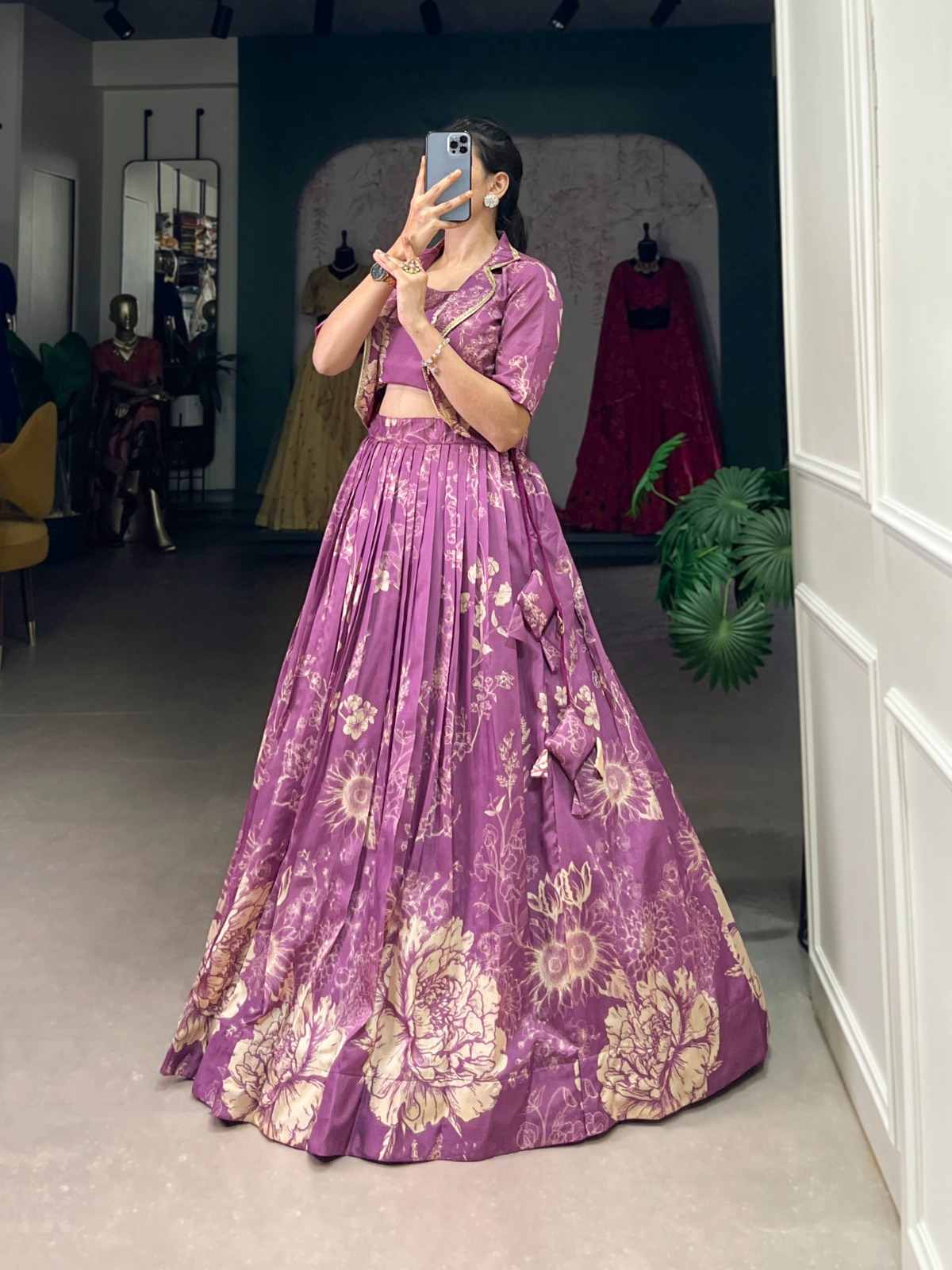 Floral Print Tussar Silk Lehangas
