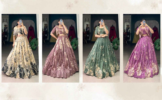 Floral Print Tussar Silk Lehangas