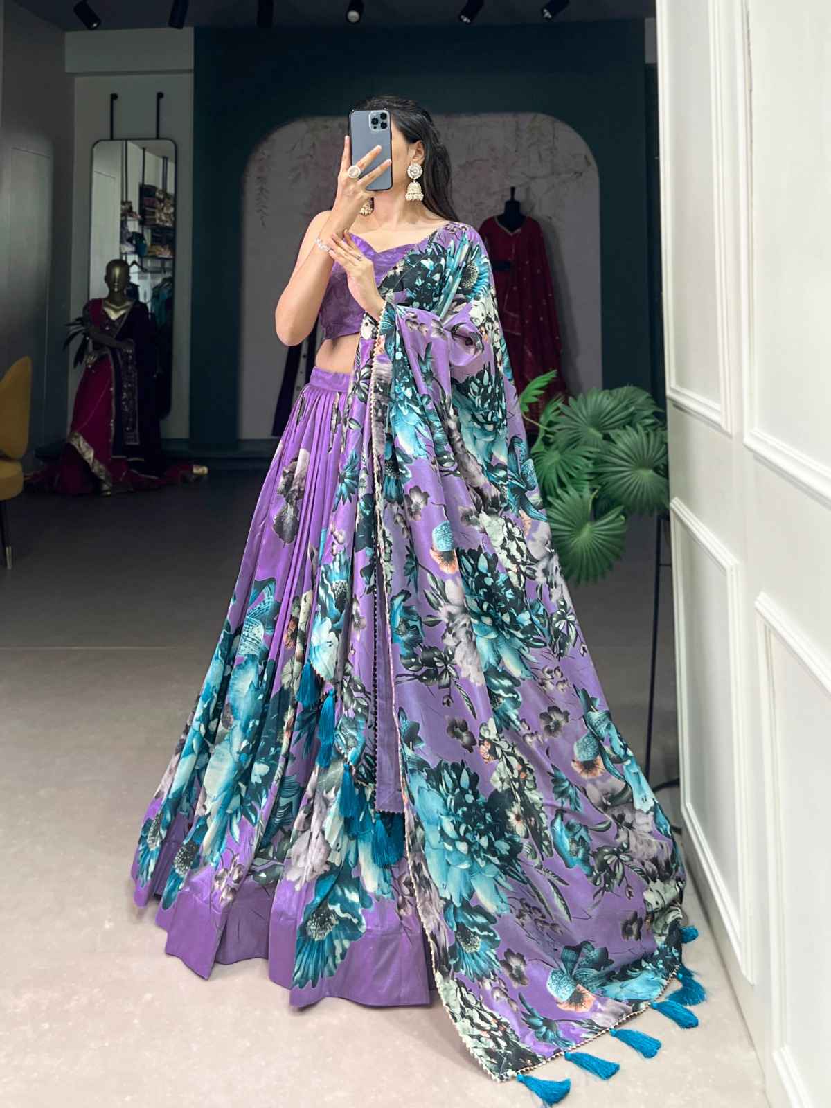 Floral Print Lace Tussar Silk Lehangas