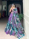 Floral Print Lace Tussar Silk Lehangas