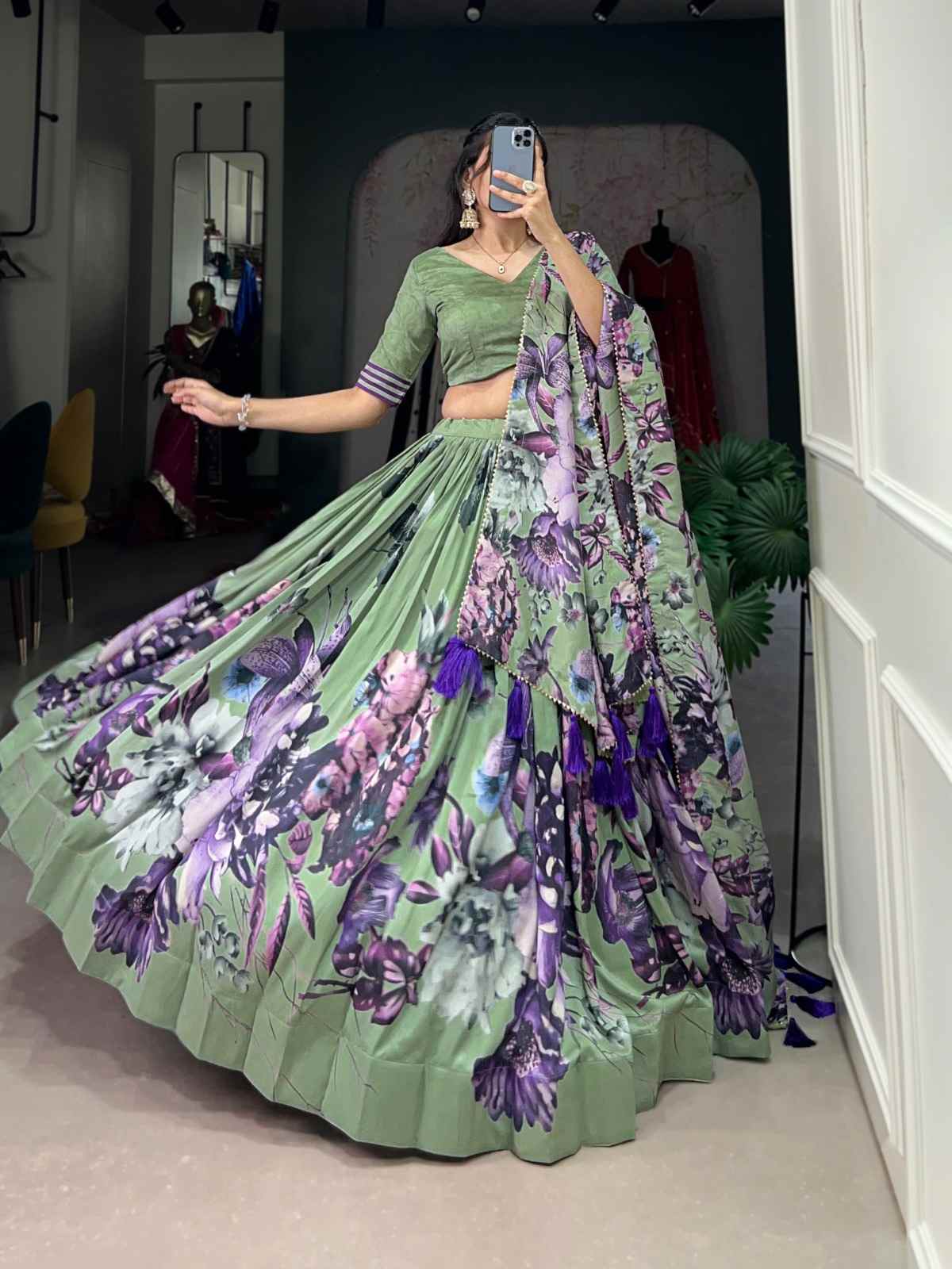 Floral Print Lace Tussar Silk Lehangas