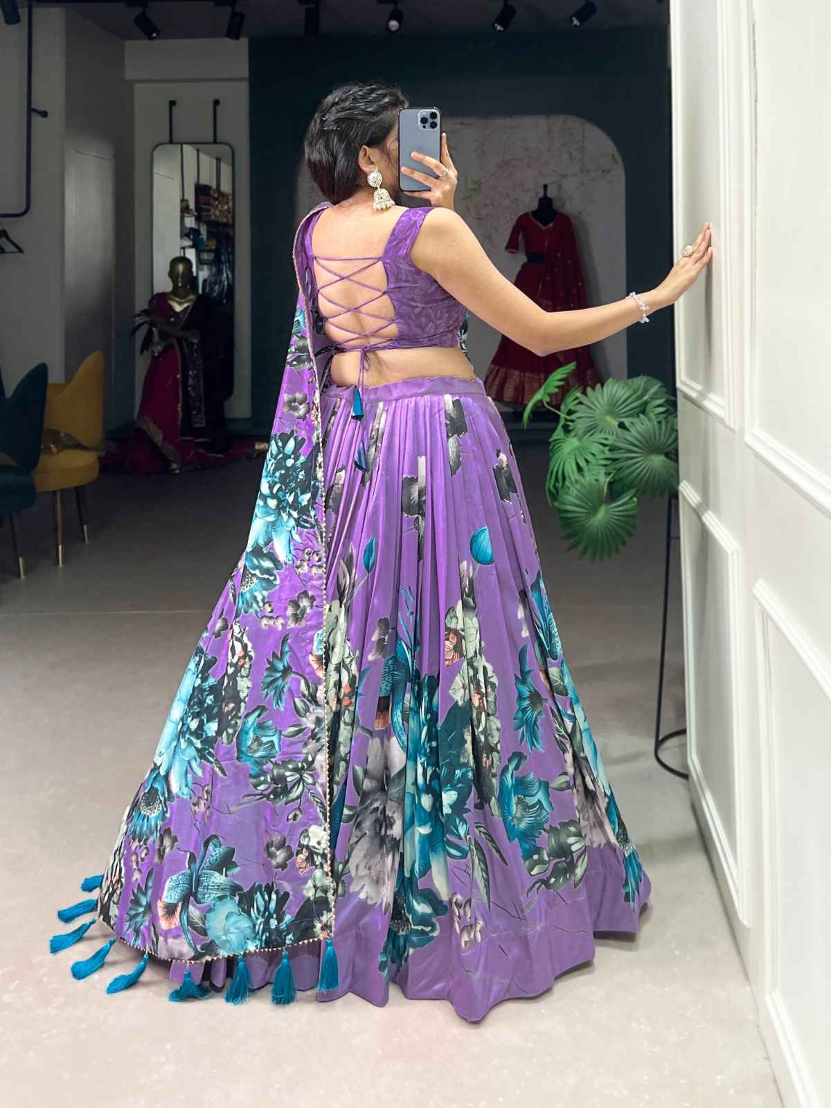 Floral Print Lace Tussar Silk Lehangas