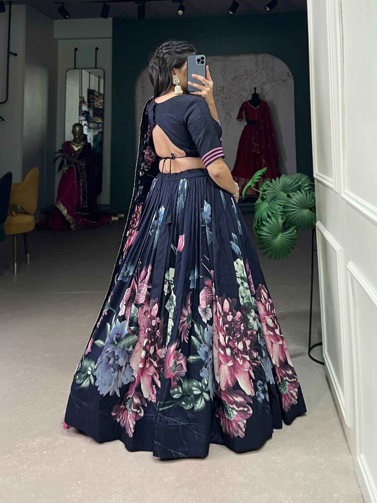 Floral Print Lace Tussar Silk Lehangas