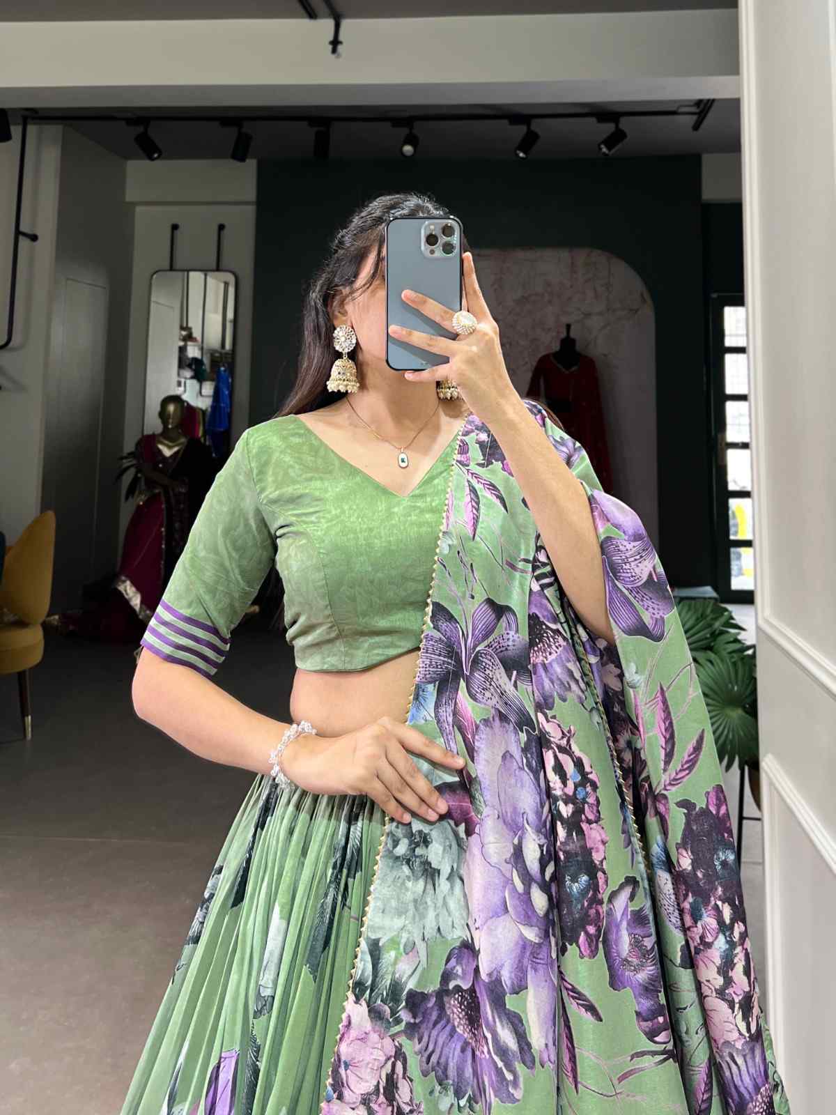 Floral Print Lace Tussar Silk Lehangas