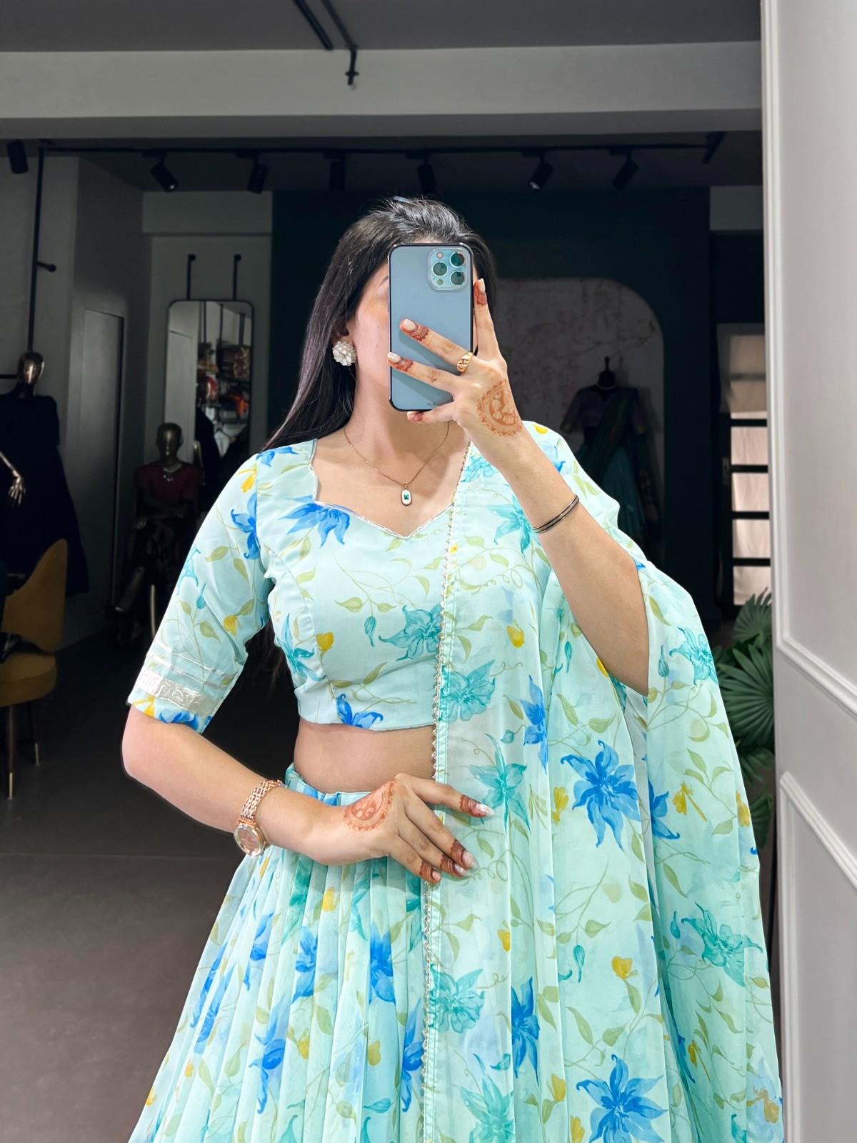 Floral Print Tabby Silk Lehangas