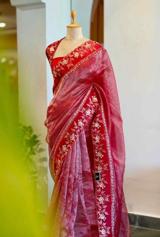 Fancy Banarasi Kora tissue stripe saree with handwork embroidery – Arhas Couture