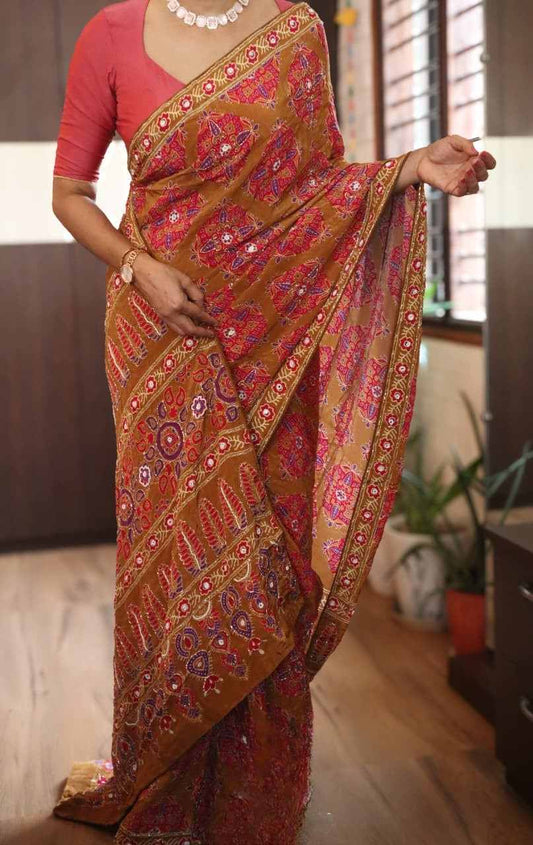 Ajrakh Munga Silk Saree