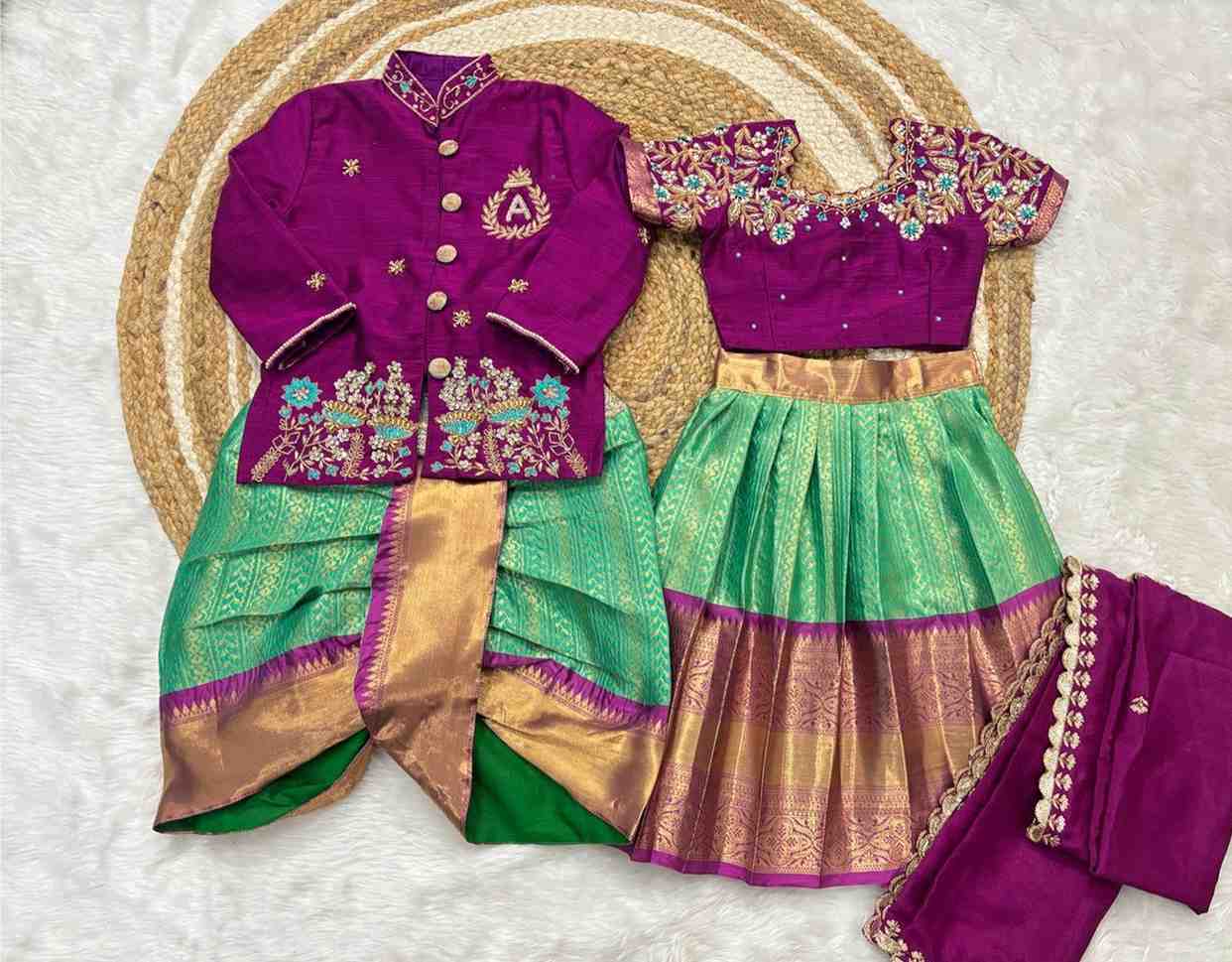 Semi Kanchi maggam family outfits by Arhas Couture