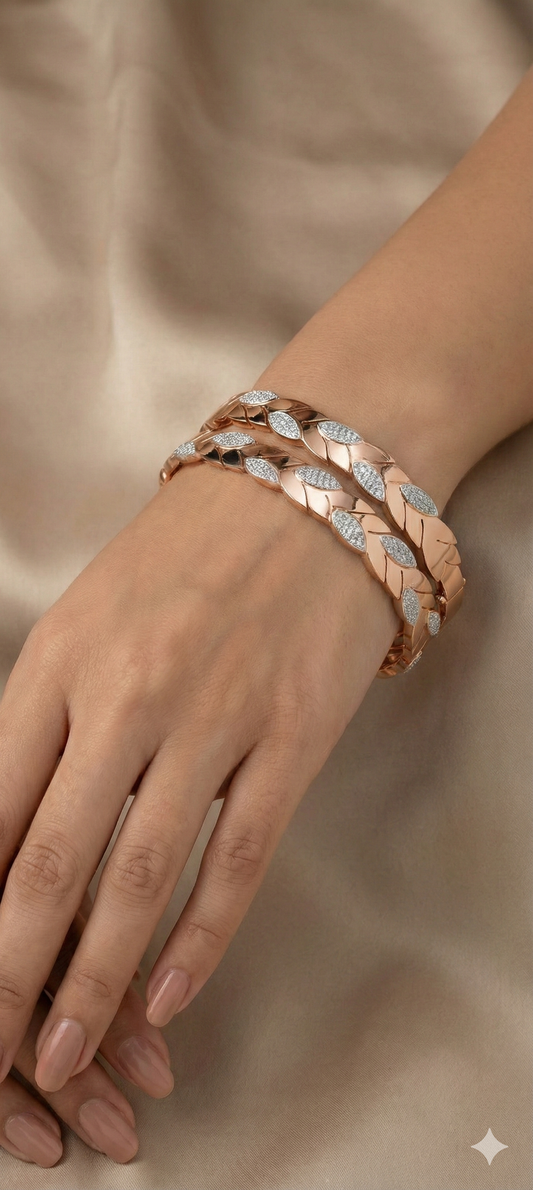 Two-Tone Leaf Motif Diamond Bangles