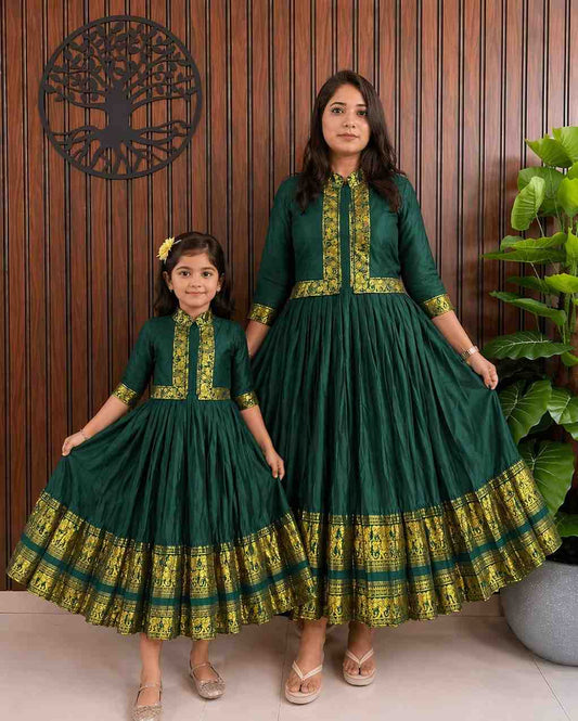 Cotton silk family outfit – Blue, Green, Wine – girls and Mom – Arhas Couture