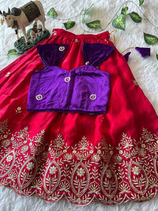 Kids royal velvet lehenga – Pink, Orange, Purple – 1 to 15 years – Arhas Couture