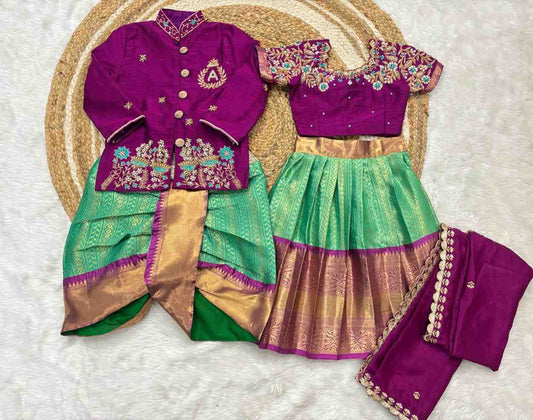 Semi Kanchi maggam family outfit – girls, boys, men and Mom – Arhas Couture
