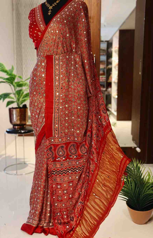 Fancy Modal silk saree with Ajrakh print and mirror work – Arhas Couture