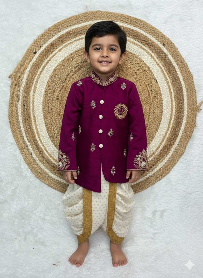 Kids raw silk kurta with brocade dhoti and zardosi maggam work – 6 months to 15 years – Arhas Couture