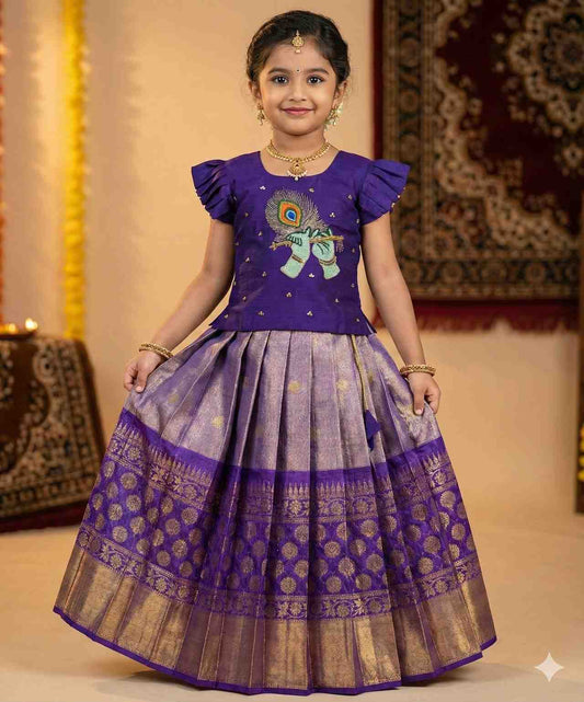 Kids soft tissue lehenga with Kanchi border and Krishna maggam work – 6 months to 15 years – Arhas Couture