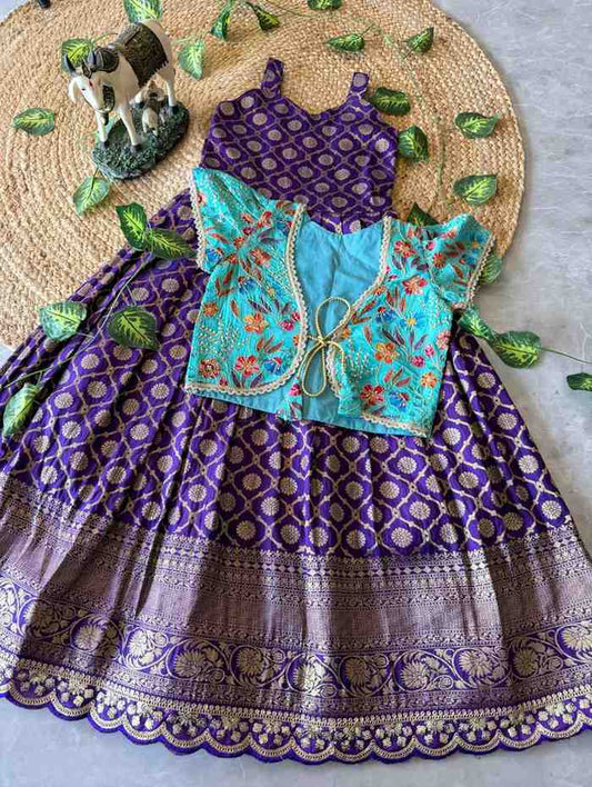Kids soft Dola silk gown with zari weaving – Red, Purple, Orange – 1 to 15 years – Arhas Couture