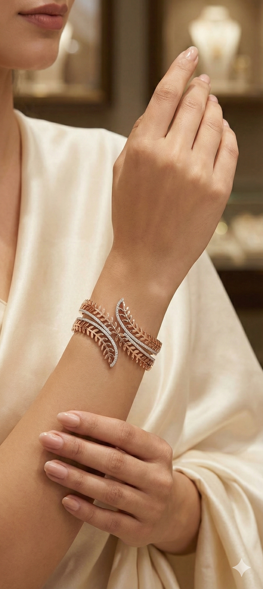 Gold and Diamond Leaf Bangle