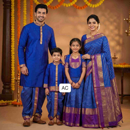 AC's soft silk family outfit – golden zari dots – girls, boys and men – Arhas Couture