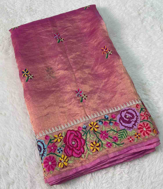 Fancy tissue silk embroidery saree with petit point – Arhas Couture
