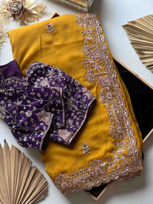 Fancy nylon tissue crepe saree with pearl and sequins handwork – Arhas Couture