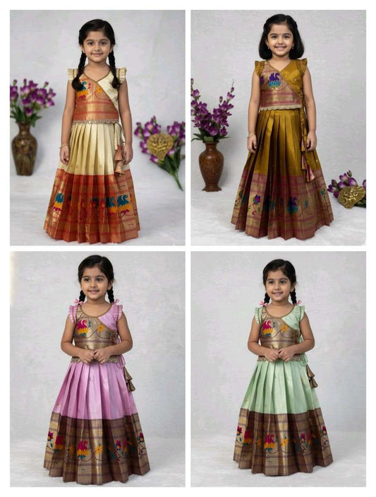 Kids shimmer Paithani silk lehenga – 4 colours – 1 to 15 years – Arhas Couture