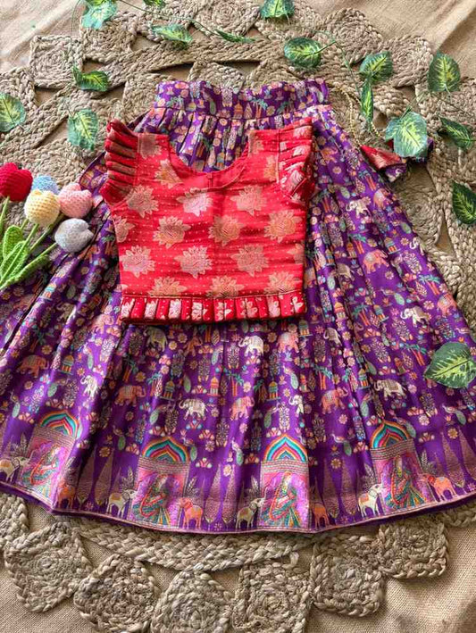 Kids soft Gajji silk lehenga – Purple, White – 1 to 15 years – Arhas Couture