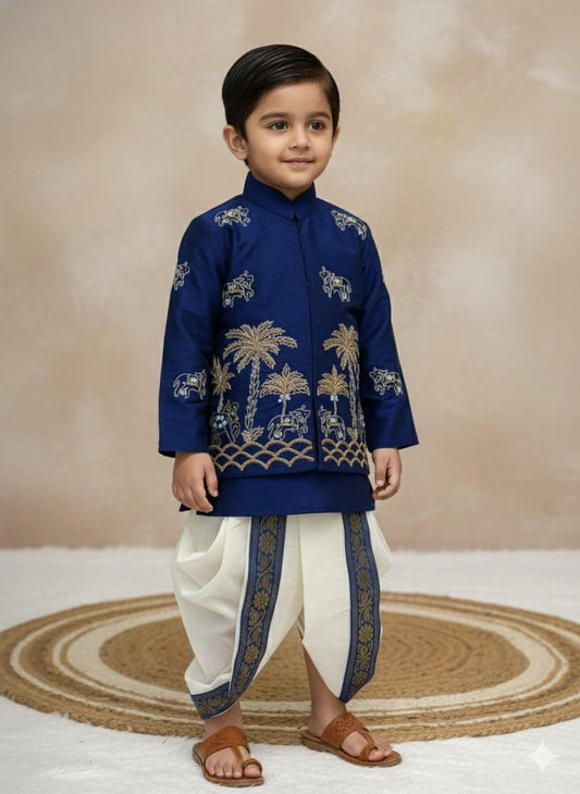 Kids raw silk kurta with pattu border bottom – 6 months to 15 years – Arhas Couture