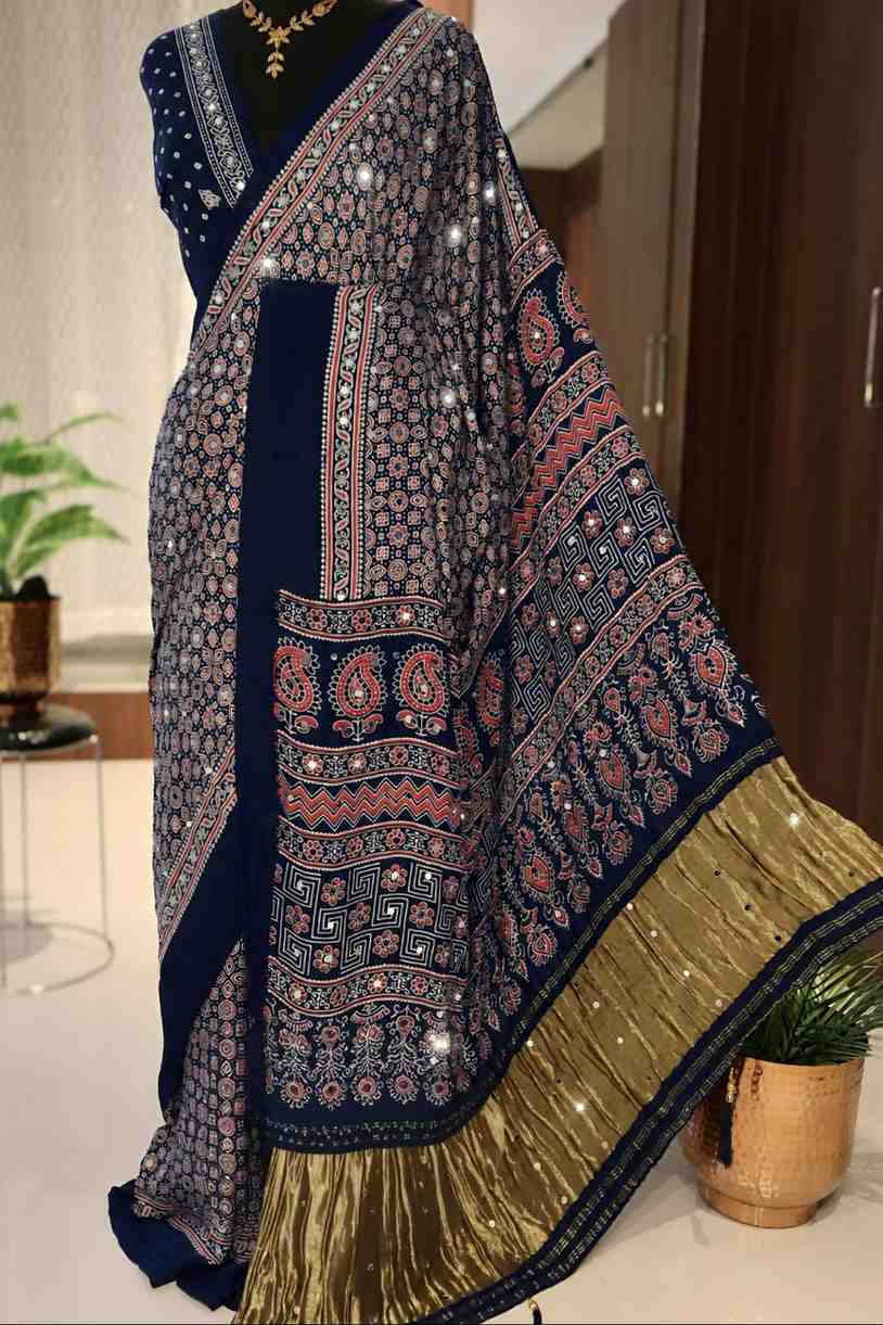 Fancy Modal silk Ajrakh sarees by Arhas Couture