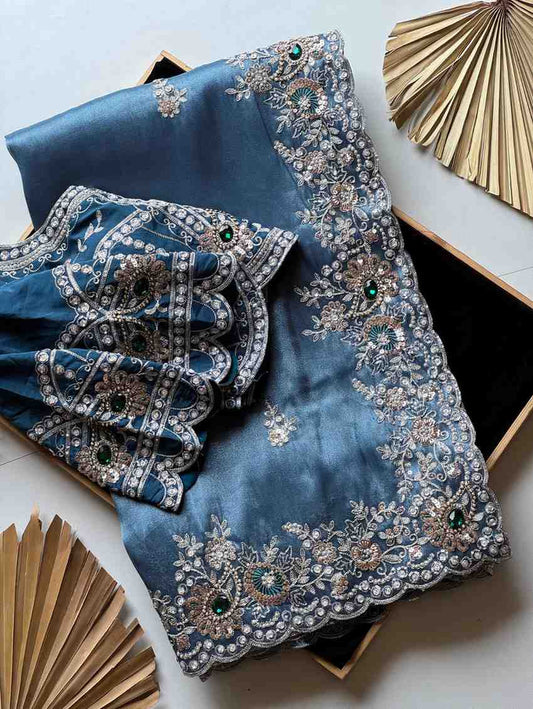 Fancy soft shimmer tissue saree with Aari and sequins handwork – Arhas Couture