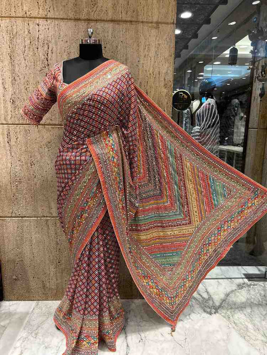 Ajrakh Print Chinnon Saree