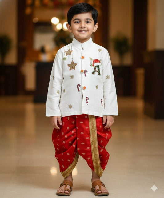 Kids raw silk brocade dhoti set with customisable letters – 6 months to 15 years – Arhas Couture
