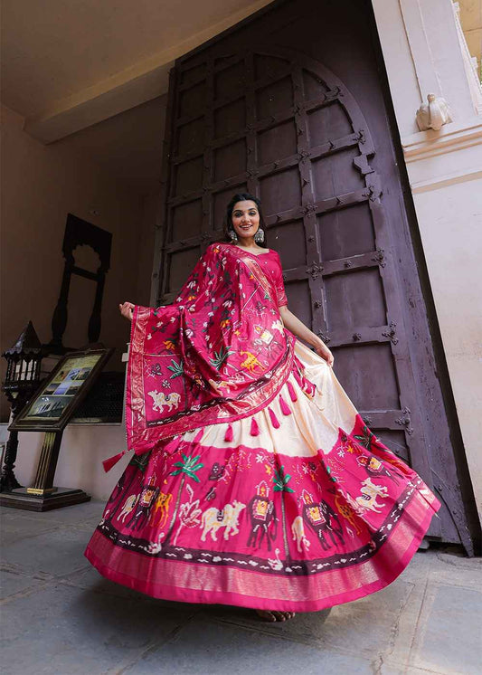 Foil print Dola Silk Lehangas