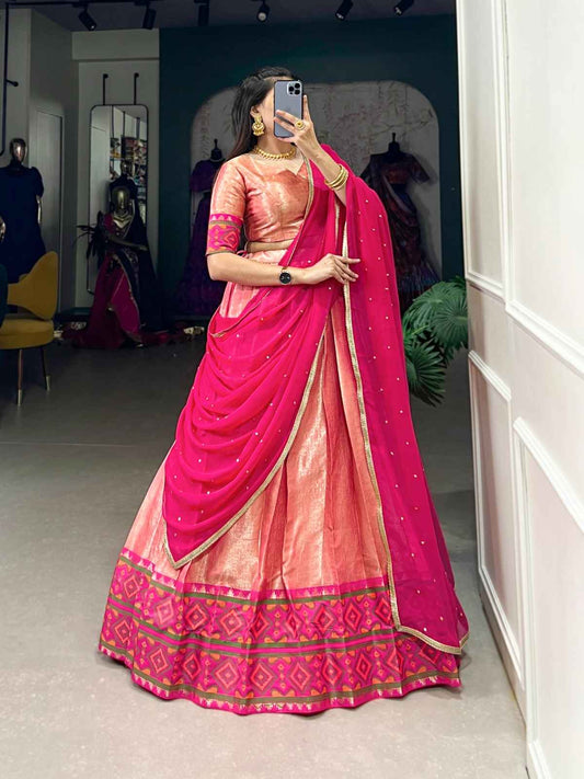 Kanchi Ikkat Jaquard Silk Lehangas
