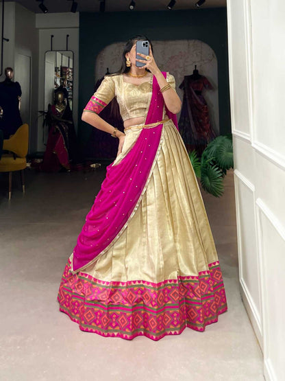 Kanchi Ikkat Jaquard Silk Lehangas