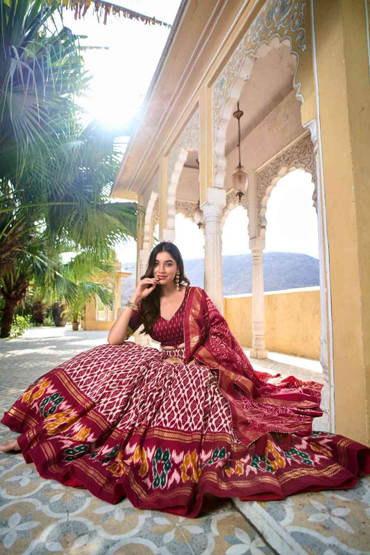 Ikkat Print Tussar Silk Lehangas