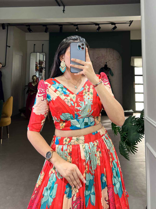 Floral Print Tussar Silk Lehanga