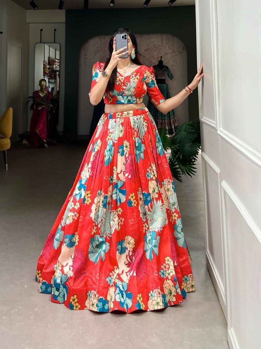 Floral Print Tussar Silk Lehanga