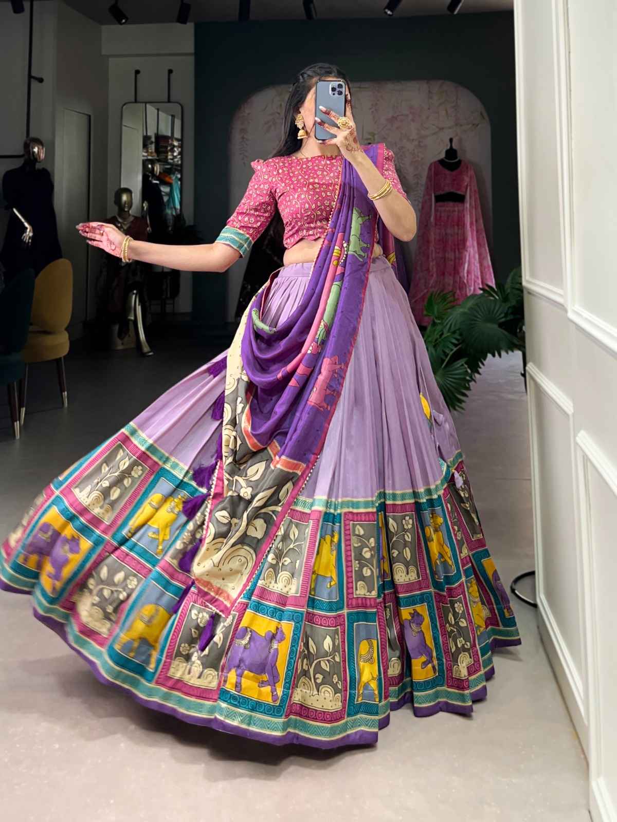 Kalamkari Tussar Silk Lehangas