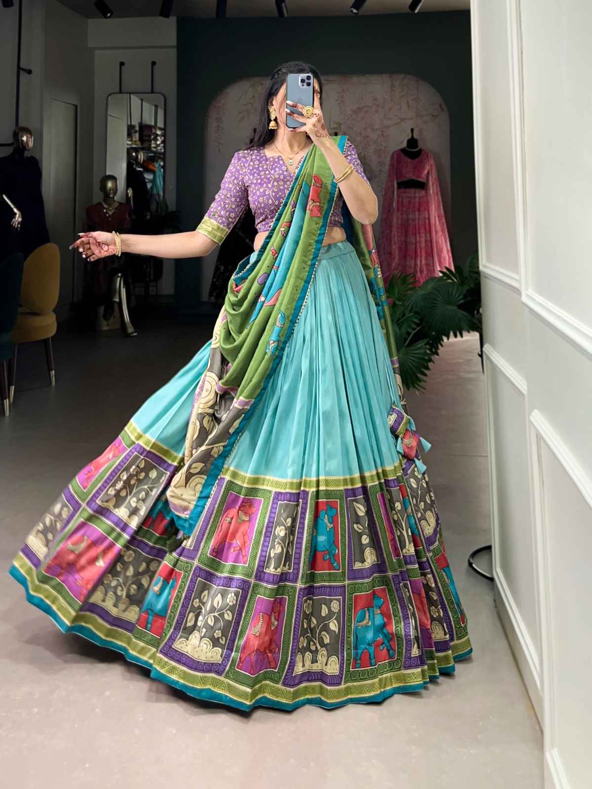 Kalamkari Tussar Silk Lehangas