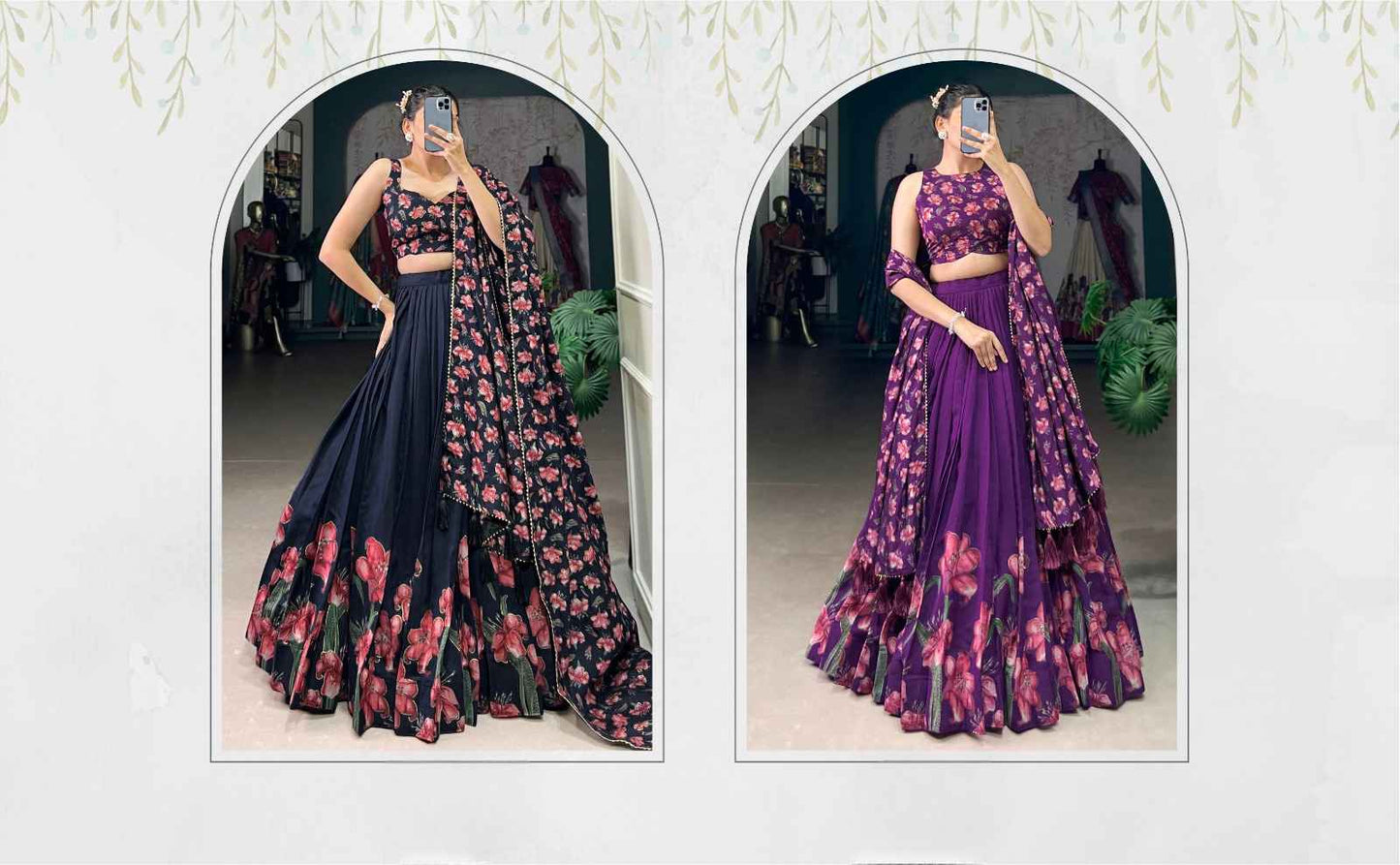 Floral Print Tussar Silk Lehangas