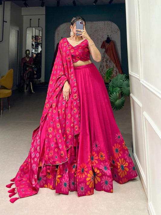 Floral Tussar Silk Lehangas