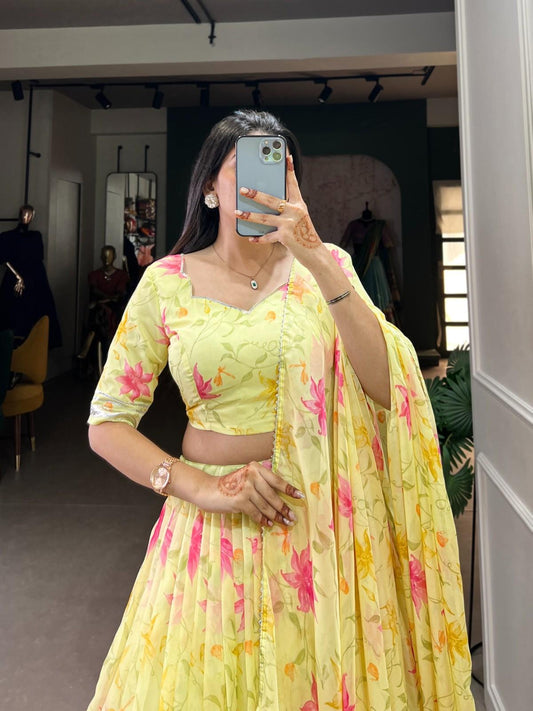 Floral Print Tabby Silk Lehangas