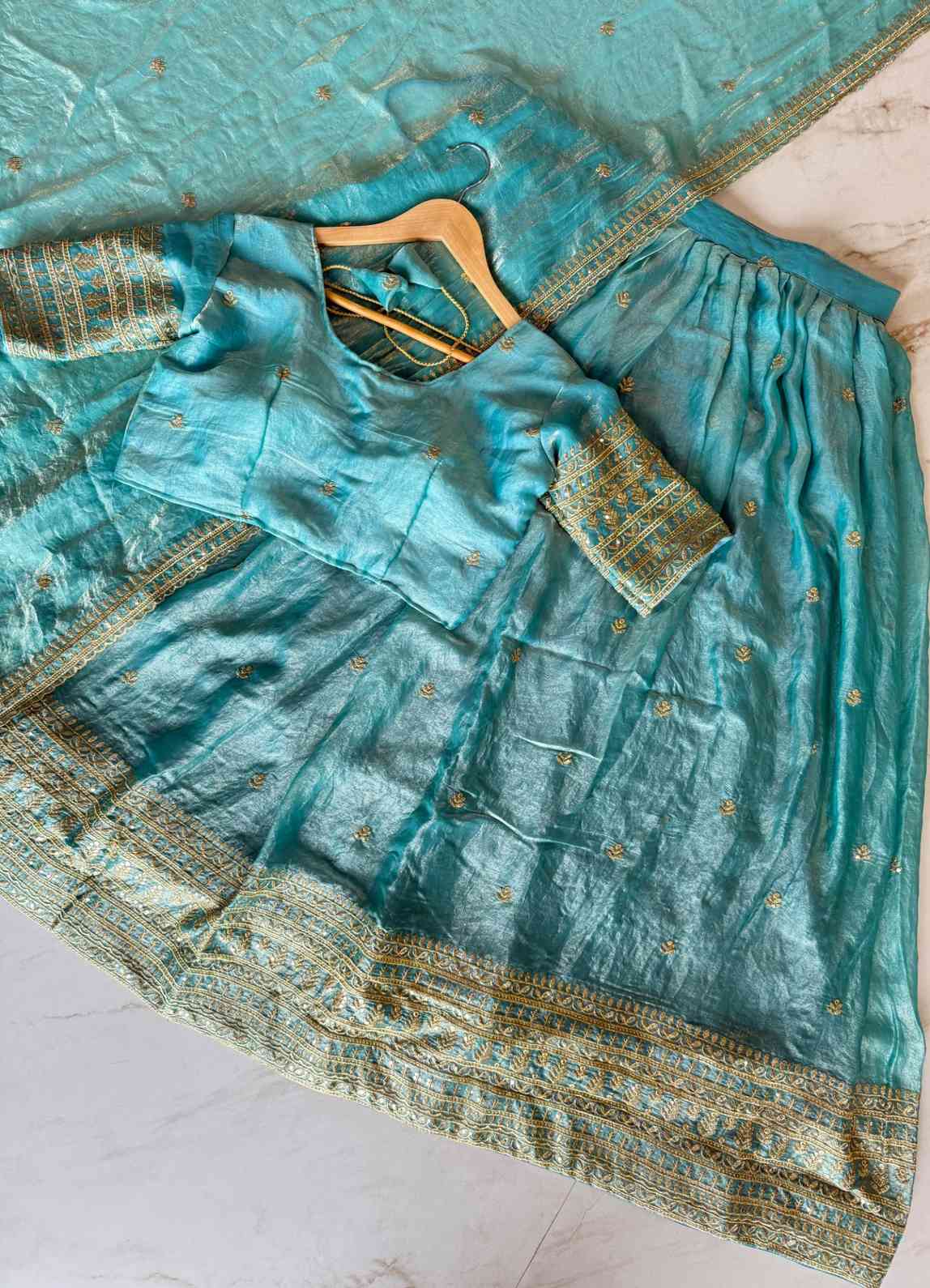 Glass Tissue Embroidery Lehengas