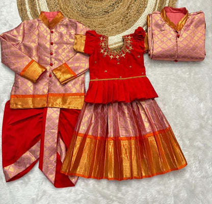 Fancy soft semi Kanchi family outfit with maggam design – Arhas Couture