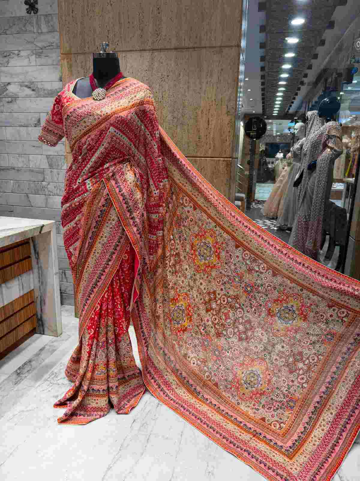Ajrakh Print Chinnon Silk Saree